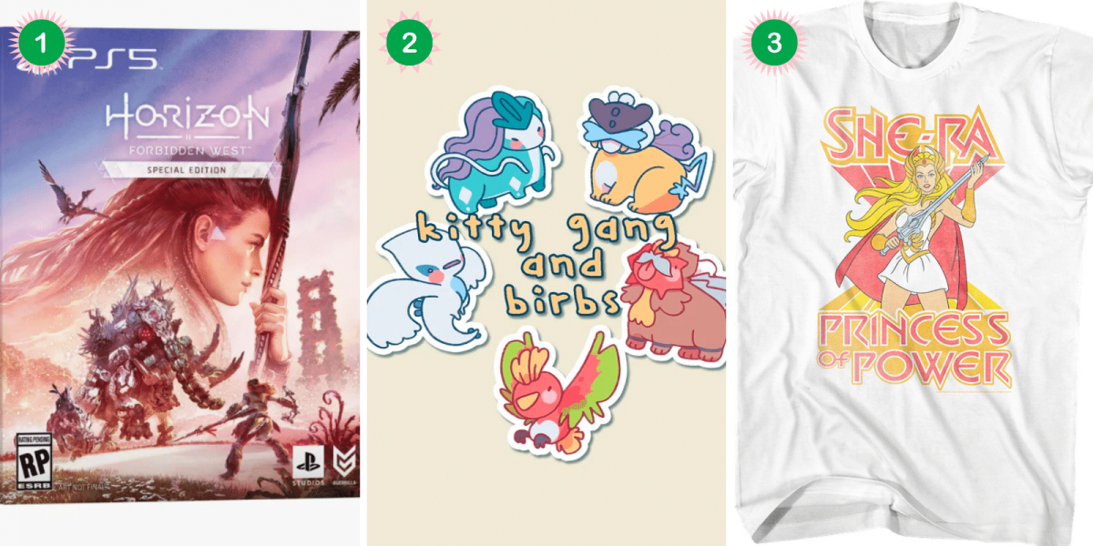 2021 queer gift guide collage: Horizon Forbidden West Special Edition for PS5, Legendary Pokemon Stickers, and Vintage She-Ra Tee