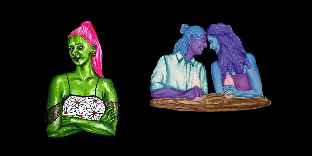 A person with green skin and long pink hair looks off to the side with their arms folded against a black background. Two people behind them (a person with purple skin and blue hair and a person with blue skin and purple hair) touch their foreheads together.