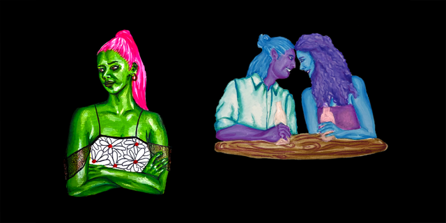 A person with green skin and long pink hair looks off to the side with their arms folded against a black background. Two people behind them (a person with purple skin and blue hair and a person with blue skin and purple hair) touch their foreheads together.