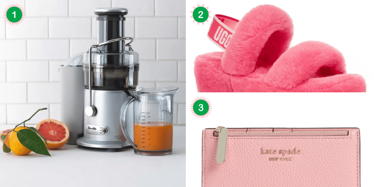 2021 queer gift guide collage: a juicer, a pair of pink uggs, and a pink Kate Spade wallet