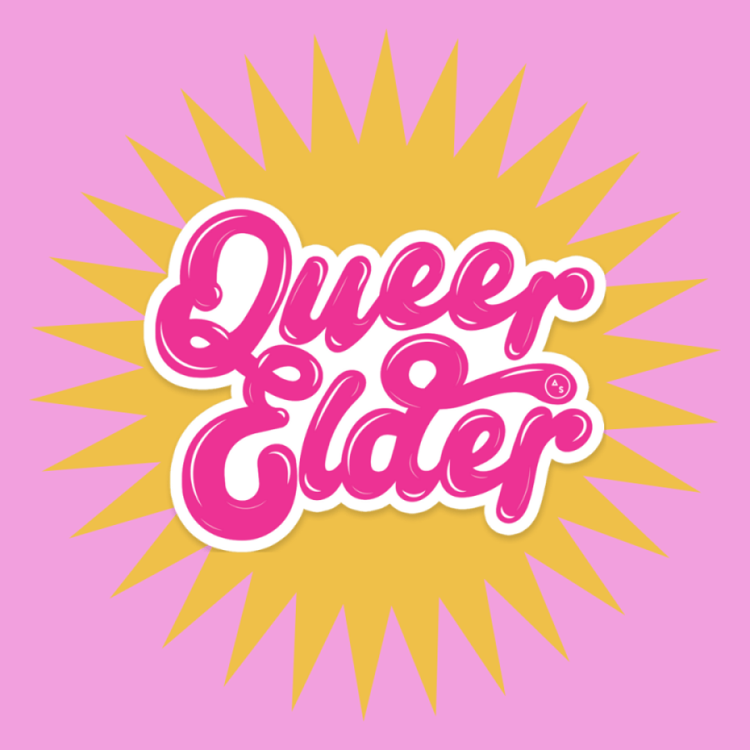 The words "Queer Elder" in bright pink cursive type.