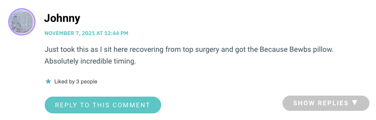 Just took this as I sit here recovering from top surgery and got the Because Bewbs pillow. Absolutely incredible timing.