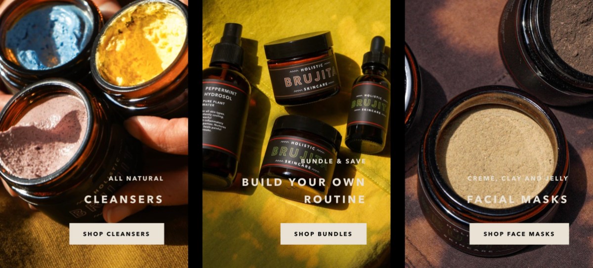 Brujita skincare website: showing masks, cleansers, bundles