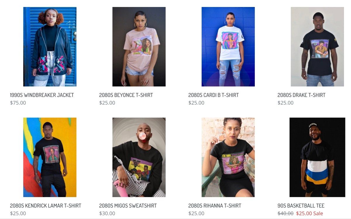 store page on Hella Thrifty dot com featuring t-shirts and sweatshirts with 90s vibes