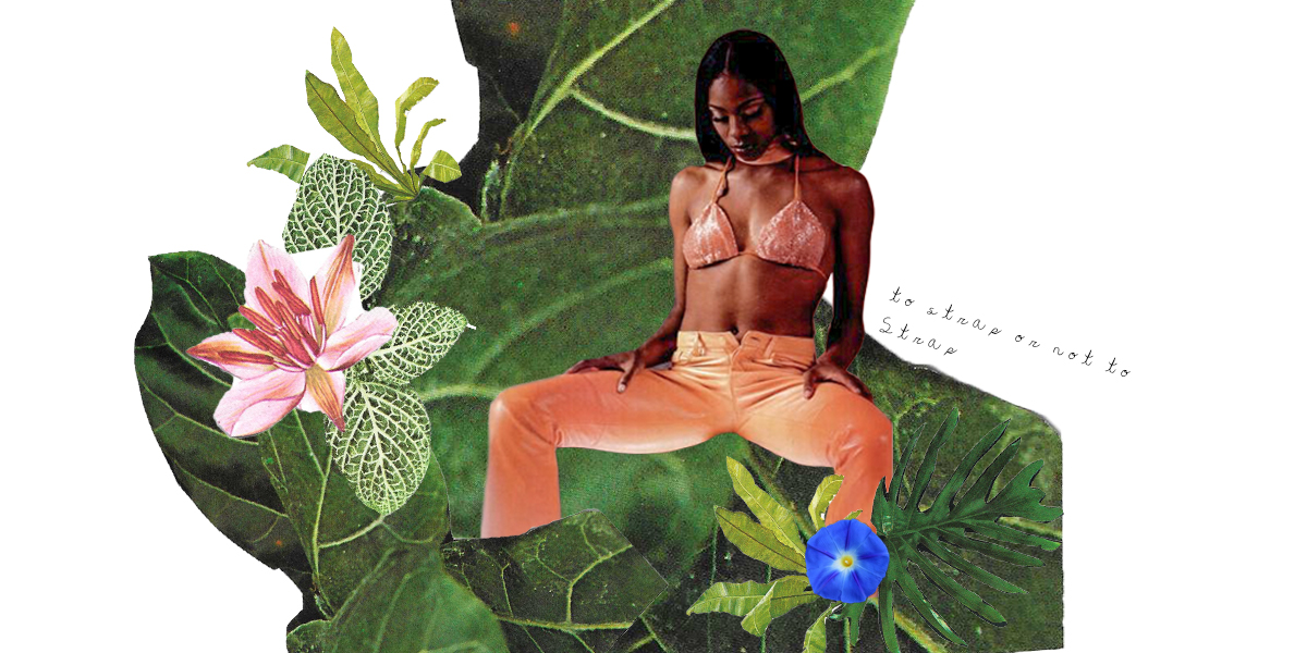 A Black woman sits on a large leaf surrounded by plants and flowers while looking down at her unzipped pants.