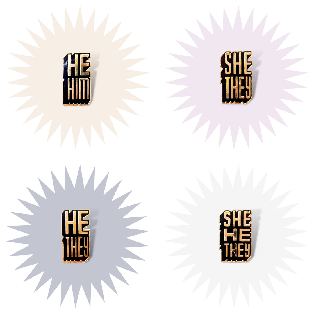 Pronoun Enamel pins are gold metal with black hard enamel. Words are stacked in condensed tall hand-drawn letters in rectangular shapes with a black 3d shadow.