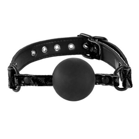 A black ball gag with a shiny black strap and silver hardware is against a white background.