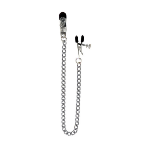 Adjustable nipple clamps with black tips on a silver chain are against a white background.
