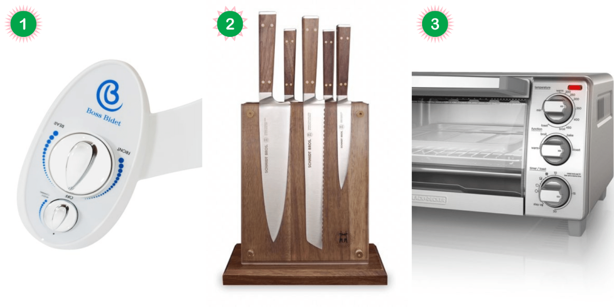 2021 queer gift guide collage: Boss Bidet Toilet Attachment, Toaster Oven, and 6-piece Knife Block Set
