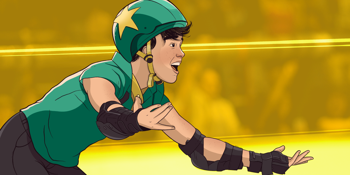 An illustration based on Whip It with how Elliot Page looks now. He is wearing a green shirt and green helmet. His arms are outstretched and he's wearing elbow pads.