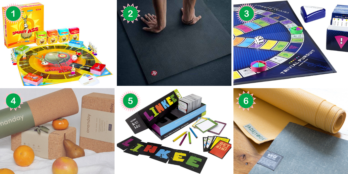 astrology gift guide: A collage of trivia games and yoga mats for Aries