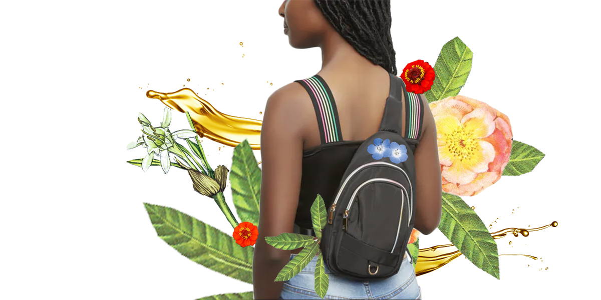 A collage of a Black woman wearing a backpack surrounded by green leaves, red and pink flowers, and cream liquid.