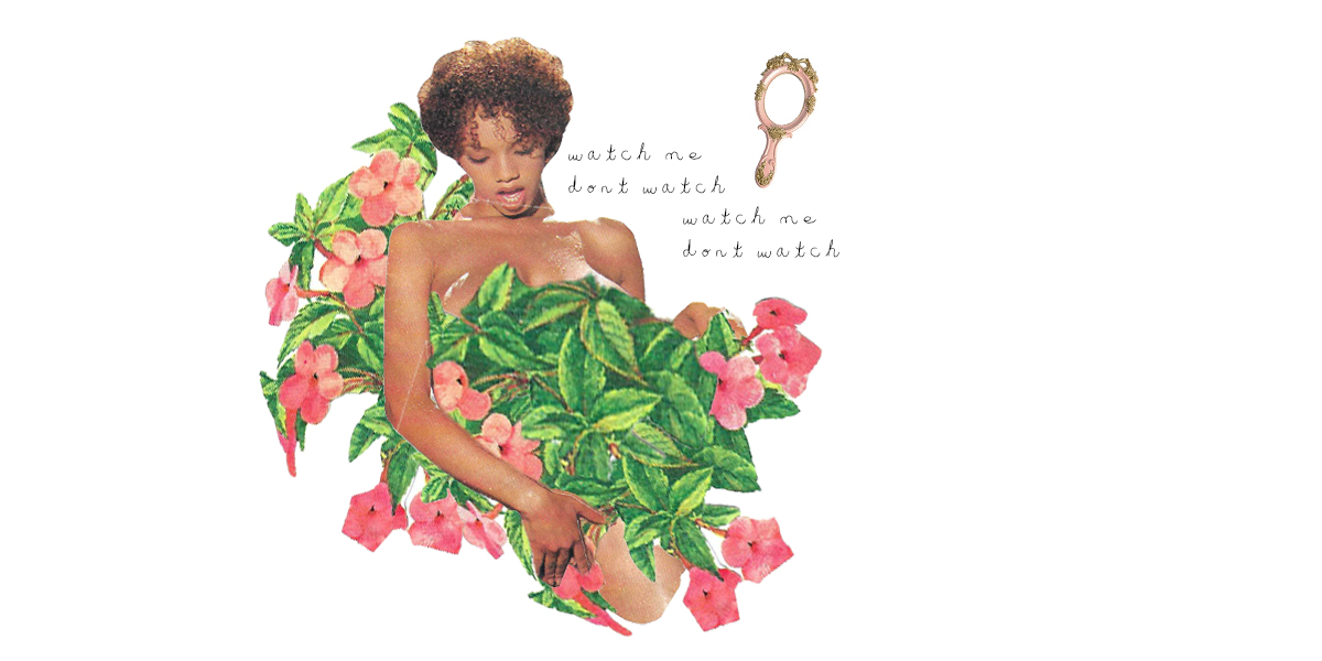 A collage of a Black Light skin woman with curly hair touching a green shrub with pinkish flowers. A small handheld mirror is beside her.