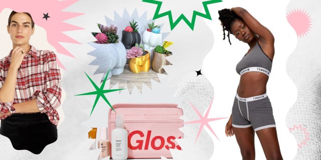 A collage of some of the items included in this shopping guide, including Glossier skincare, Tomboy X underwear, and plaid shirts.