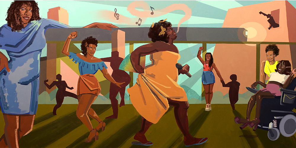 A mural of Black trans femmes joyously dancing and in celebration.