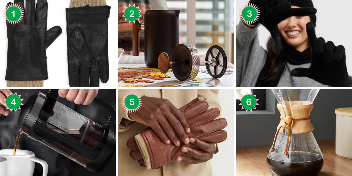 A collage of leather gloves and coffee presses for Capricorns