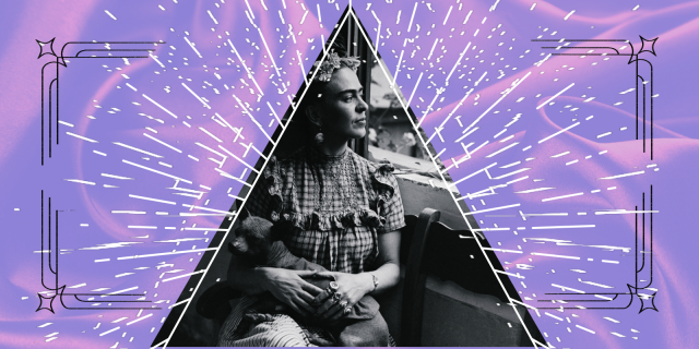 A feature image with a triangle and Frida Kahlo holding one of her dogs and gazing wistfully out the window