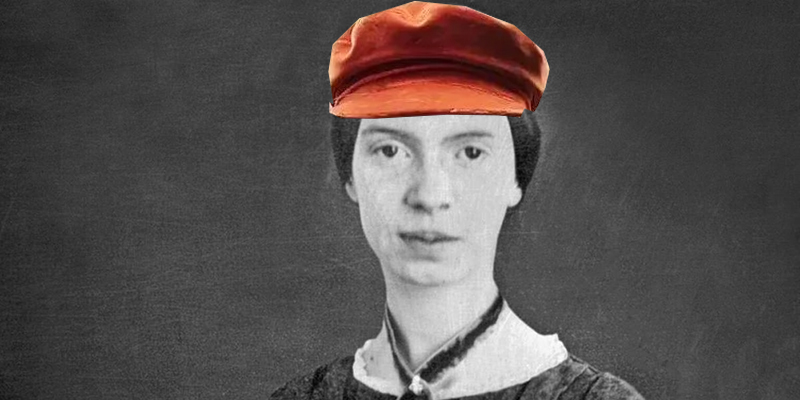Emily Dickinson in a red newsboy cap