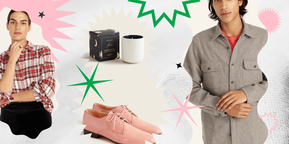 Items from jCrew: a plaid shirt, pink oxfords, a candle and a button-up shirt with pockets