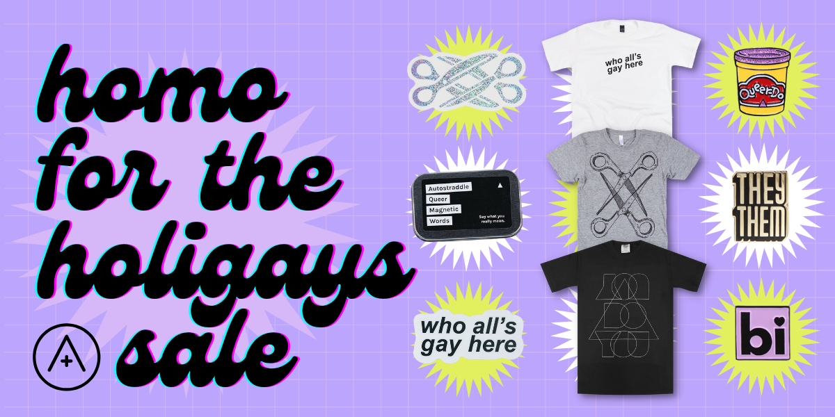 homo for the holigays sale - a collection of tees, stickers, and enamel pins