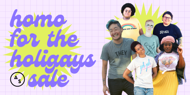 homo for the holigays sale - a collection of autostraddle models wearing autostraddle tees