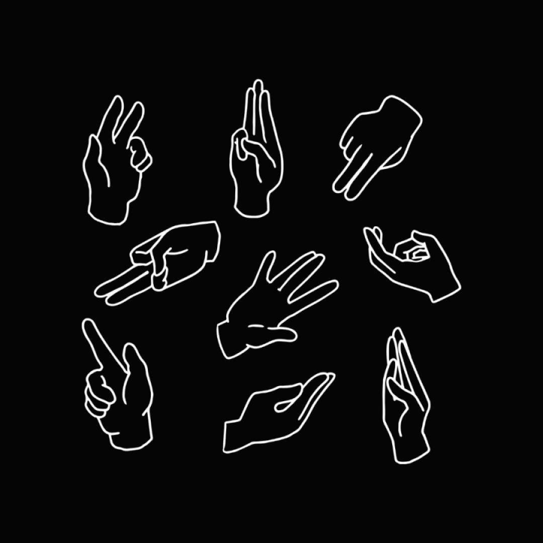Line illustration of 9 hands in various positions on a black background.