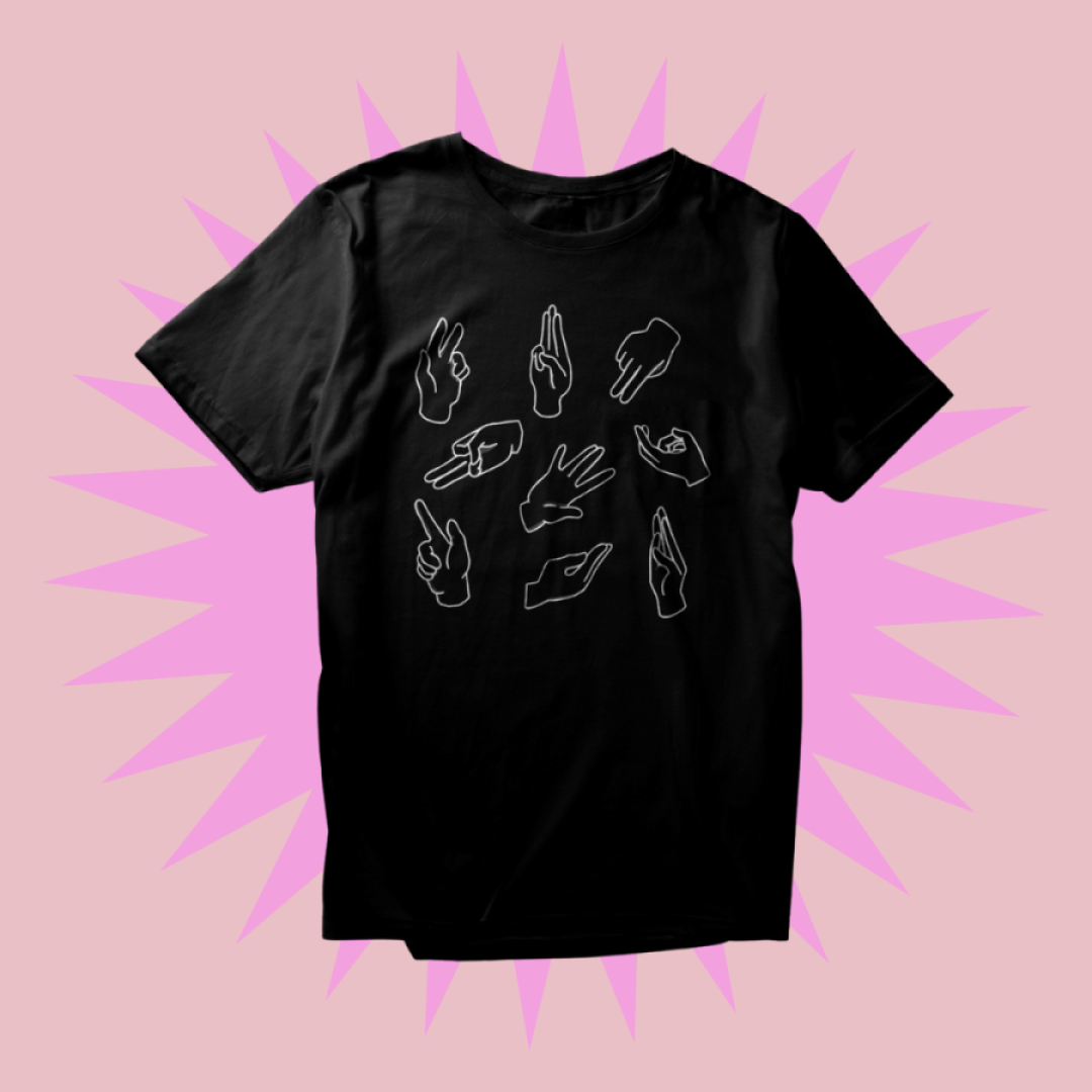 Our Fisting 101 tee on a pink background