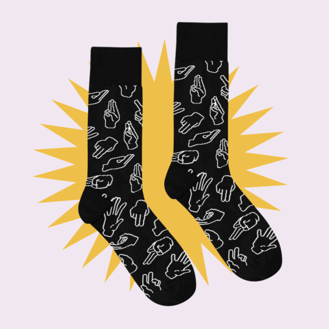 black socks with white outline hands in various fisting positions on a pink and yellow background.