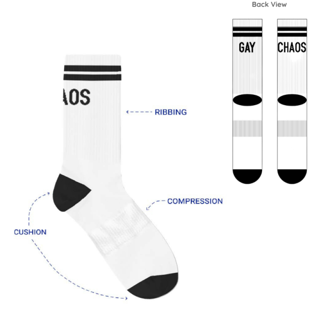 Diagram of our Gay Chaos socks demonstrating cushioning on the toe and heel, compression in the center of the foot and ribbing on the sock neck. There's also a diagram showing where the words "Gay Chaos" appear on the back of the socks.