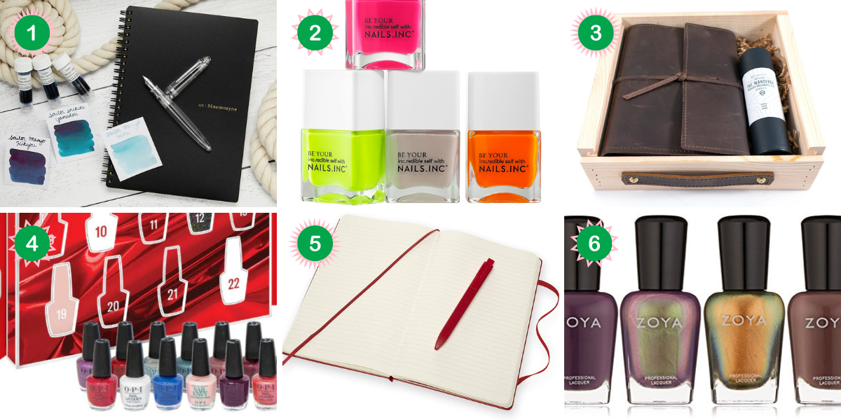 astrology gift guide: A collage of nail polish and notebooks for Geminis