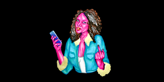 A person with pink skin and curly brown hair wears a low-cut white tank top and a denim jacket with a furry collar and cups. The hold their phone in one hand and raise their middle finger with the other.