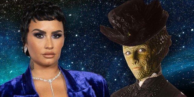 Demi Lovato and Madame Vastra from Doctor Who against a starry background