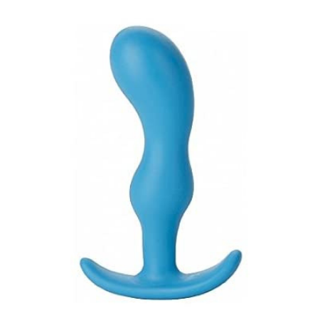 A curved turquoise butt plug with a curved base is against a white background.