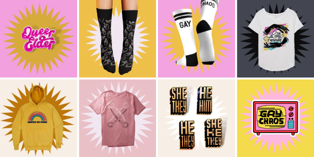 the holigay merch collection of 2021 - socks, enamel pins, stickers, hoodie and tees