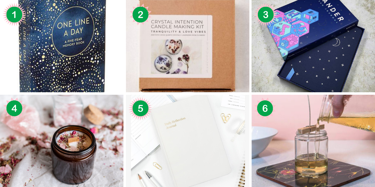 astrology gift guide: A collage of journals and candles for Pisces