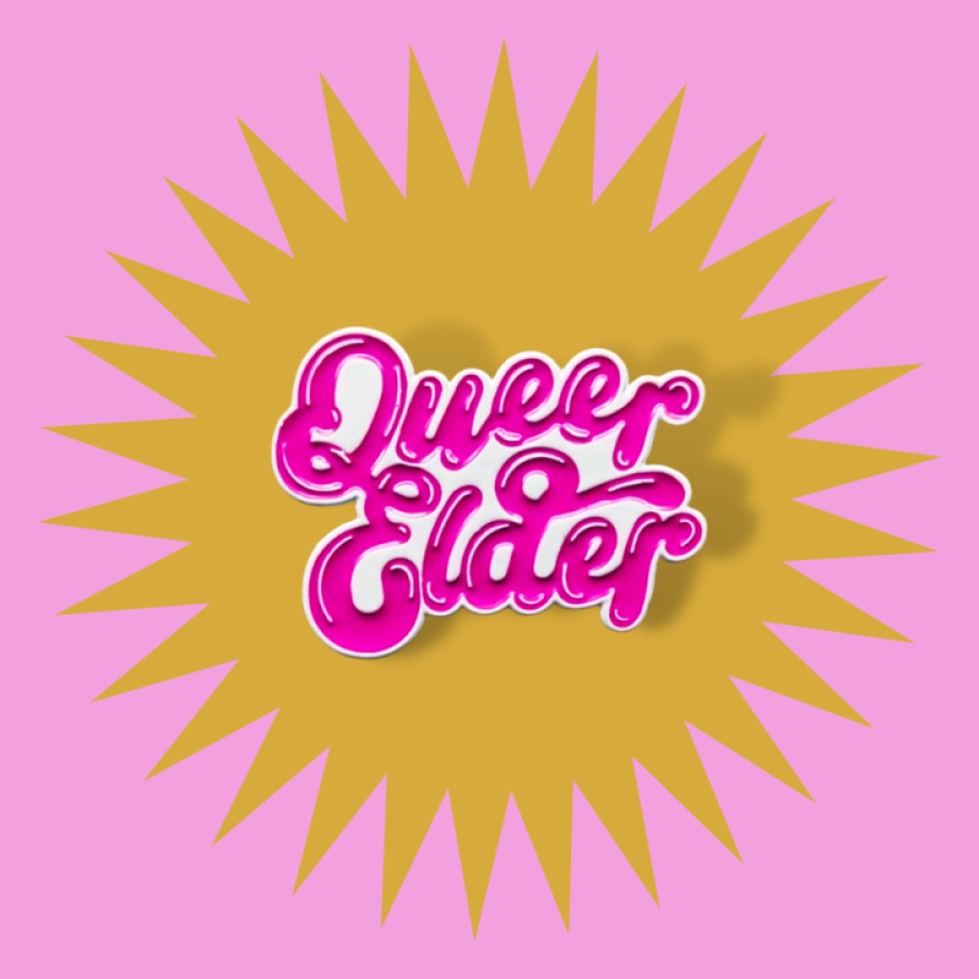 The words "Queer Elder" in bright pink cursive type. Soft enamel pin with white metal.
