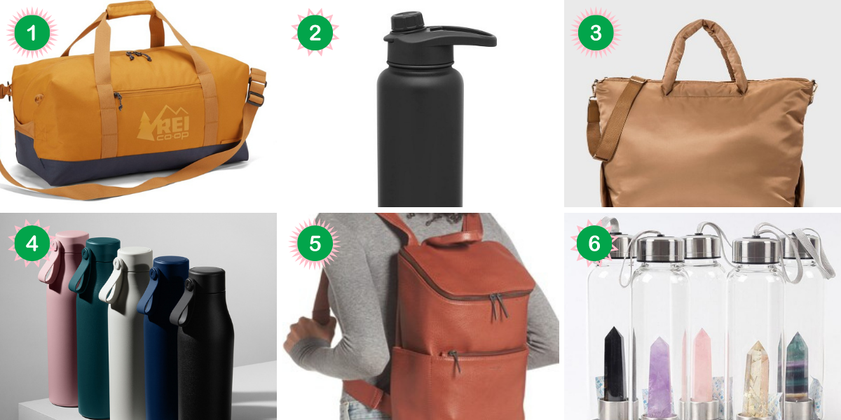 astrology gift guide: A collage of bags and water bottles for Sags