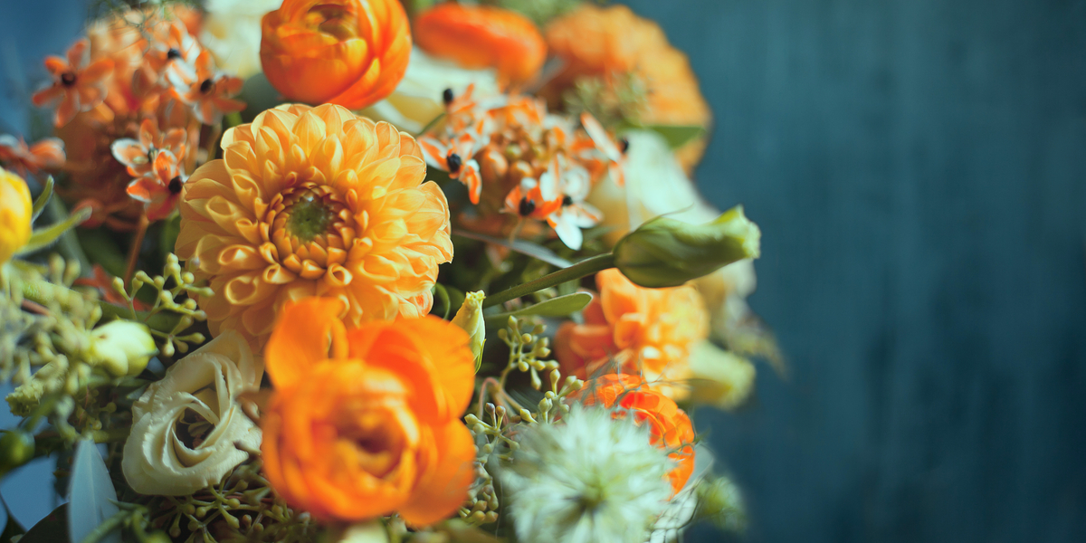 a fresh bouquet of gorgeous orange and white flowers in front of a navy blue background