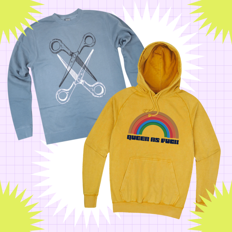 Autostraddle Merch Sweatshirts and Hoodies: Scissoring Blue Crewneck Sweatshirt and Queer as Fuck Mustard Yellow Hoodie
