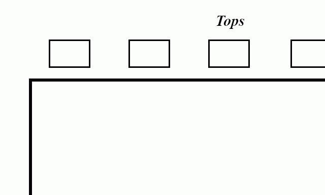 a diagram of a table with five seats along the top, labelled "tops" and five seats along the bottom, labelled "bottoms"