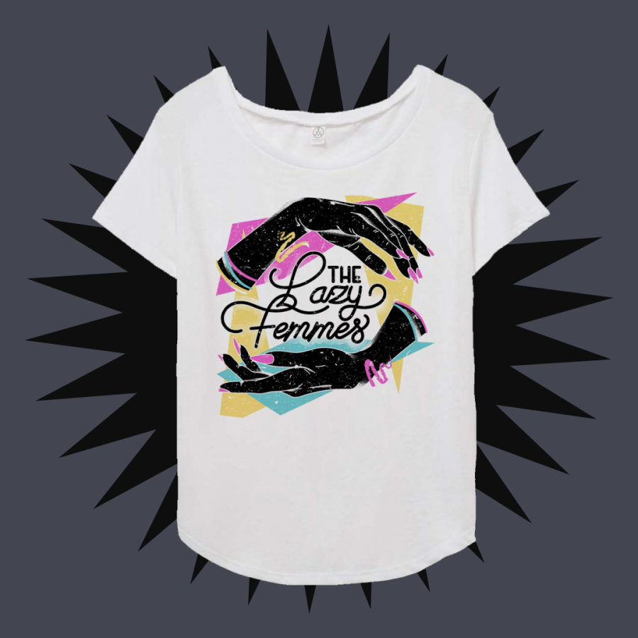 Our Lazy Femmes tee on a black background.