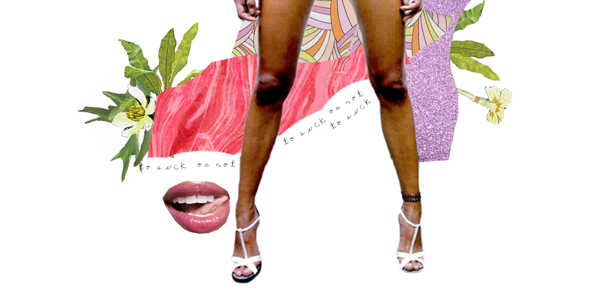 A pair of legs wearing white high heels stands in front of a pink pattern background with florals. A mouth with a tongue sits next to the legs to the left