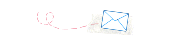 collage of a drawn envelope, a pink looping dotted line and tape