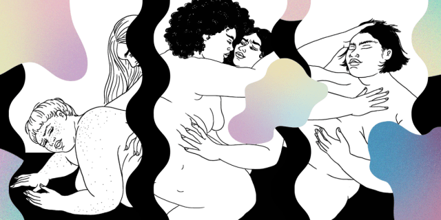 Three black and white line drawings of fat bodies enjoying sex appear in white swirls against a background of black and multicolored swirls.