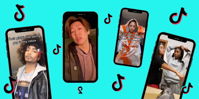 Image shows 4 images on 4 phones on a Blue background with the TikTok logo floating in between them. From left to right: Phone 1 A Black person in male drag with the words “Their girlfriends being gey in my inbox” Phone 2 shows a Korean woman with a short wispy haircut wearing a hoodie and a jacket staring into the camera. Phone 3 shows a Black woman wearing a silk robe and the words “The urge to breakup with her for any little thing but take her back every time.” Phone 4 shows a Black couple getting ready in the bathroom, one is doing her hair while the other one dances around her.