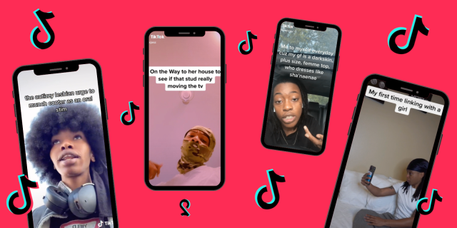 Image shows 4 images on 4 phones on a red background with the TikTok logo floating in between them. From left to right: Phone 1 A Black person with facial piercings and an afro, with their headphones around their neck and the text “The autizzy lesbian urge to munch cooter as an oral stem”. Phone 2 has a Black queer person with a facial covering and the text “On the way to her house to see if that stud really moving the TV” Phone 3 has a Black queer person and the text “Me to myself everyday cuz my gf is a dark skin, plus size, femme top who dresses like shanaenae” Phone 4 has a Black queer person sitting on a bed wearing a durag with the text “My first time linking with a girl”
