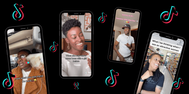 4 images on 4 phones on a Black background with the TikTok logo floating in between them. From left to right: Phone 1 A Black person sitting in their car with a brown furry jacket on and wearing sunglasses with text overlaid that says “I see what you was tryna do lord” Phone 2 is a Black person with a short perfect haircut smiling with their eyes closed and text overlaid that says “When she says she never been with a girl before” Phone 3 A Black man wearing a white t-shirt and a fitted baseball hat with the worlds most perfect teeth and text overlaid that says “Nobody at all - Transmen after shot day” Phone 4 shows a Black person with locs smiling in a grocery store with text over laid that says “what I be thinking when I see an attractive woman”