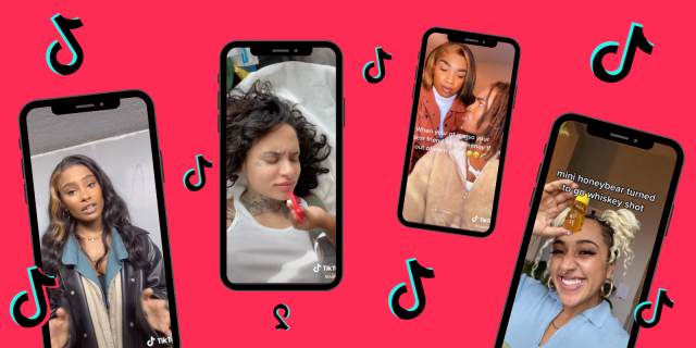 4 images on 4 phones on a Red background with the TikTok logo floating in between them. From left to right: Phone 1 A Black person with long wavy har stares into the camera with hands in front of her. Phone 2 is Kehlani looking confused at a toy their daughter is trying to make them eat. Phone 3 is a Black queer couple, one with a straight shoulder bob the other with locs looking at each other and the text “when your GF is your best friend so you annoy tf out of each other” Phone 4 is a Black person with blonde locs in 2 buns smiling at the camera holding a small jar of bear shaped honey.