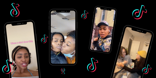 Image shows 4 images on 4 phones on a Black background with the TikTok logo floating in between them. From left to right: Phone 1 has a Black person with. Blonde braid mid sentence with the words “When a stud does this” overhead. Phone 2 has a Black couple, one with a wash and go hairstyle the other with twists, one is coming in for a kiss while the other looks into the camera. Phone 3 has a Black person wearing a multi patterned hat and jacket, with a book bag across their chest looking straight into the camera with a confused face. Phone 4 has 2 Black people, one with locs the other with long loose curls, touching and laughing with each other about a phone conversation.