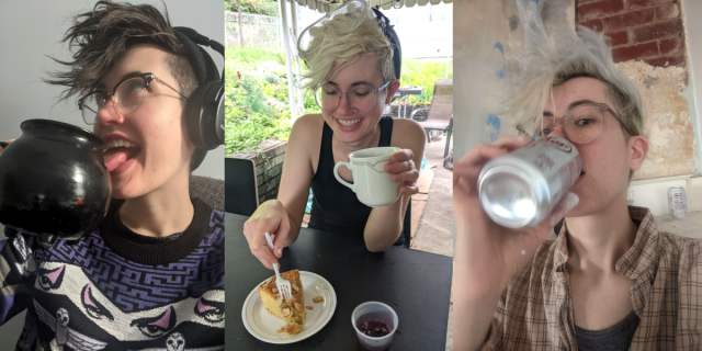 three images of nicole drinking various beverages. nicole is a white human who has their natural dark brown hair in one photo and their bleach blond hair in the other two. they always wear glasses. the photos show them drinking tea from a cauldron mug, drinking coffee from a small mug, and drinking a can of diet dr. pepper. the photos shift from winter to summer to spring from left to right